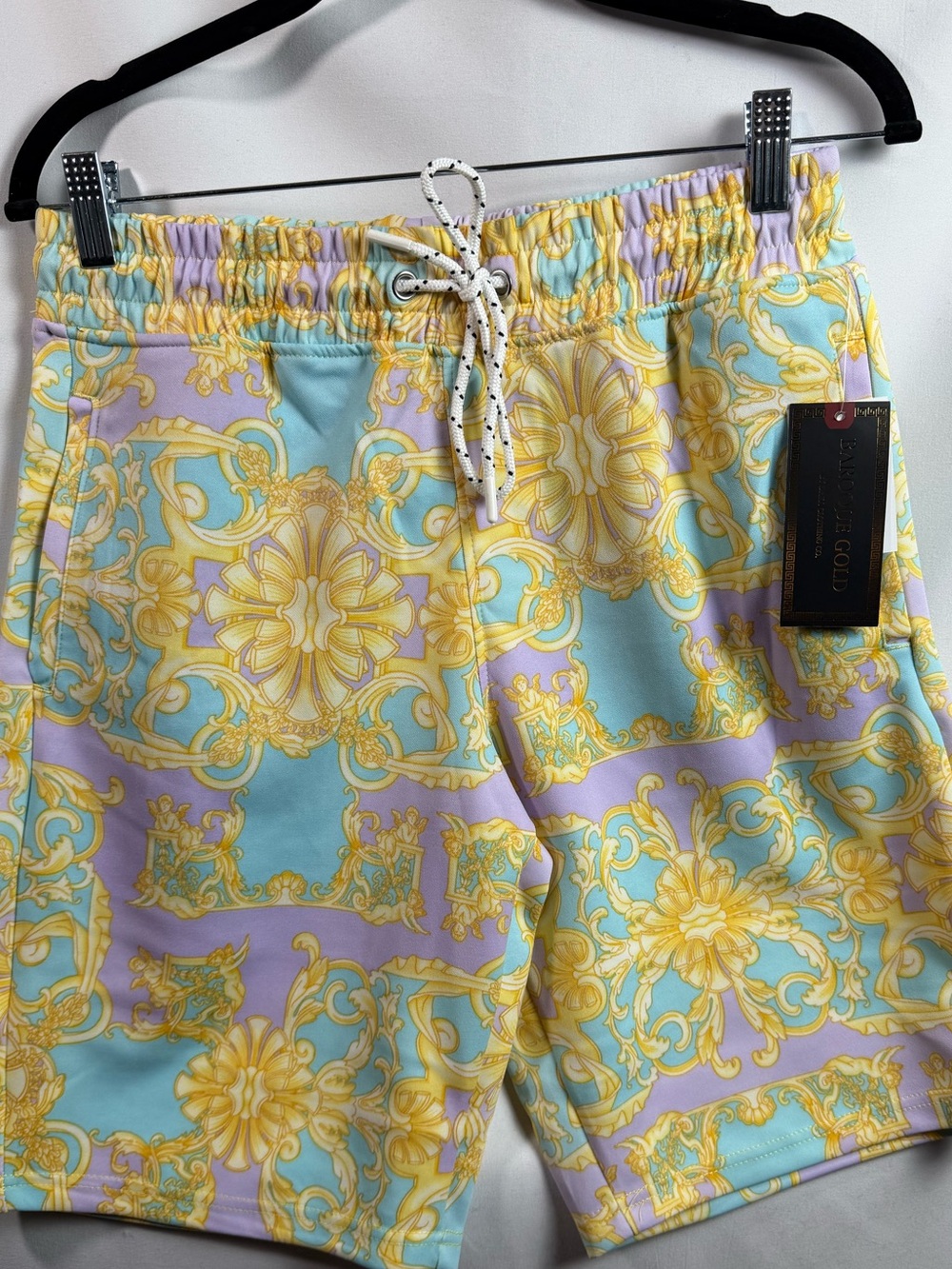NWT Baroque Gold Men’s Baroque Print Shorts Mint Lavender Gold S.  MSRP $52
